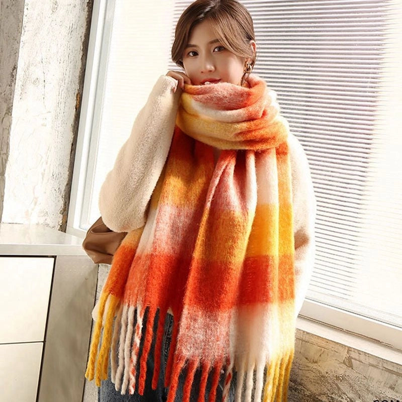 Rainbow Plaid Scarf Women's Autumn And Winter Thickened Mohair Student Couple Contrast Color Matching Thickened