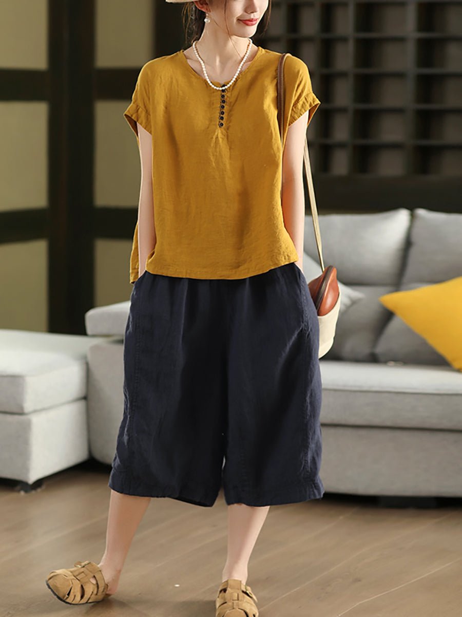 Women Summer Vintage 100%Linen Wide-leg Cropped Pants