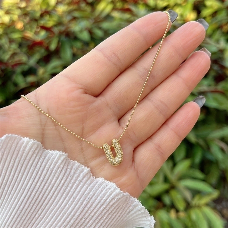 Copper 18K Gold Plated Inlay Letter Zircon Pendant Necklace