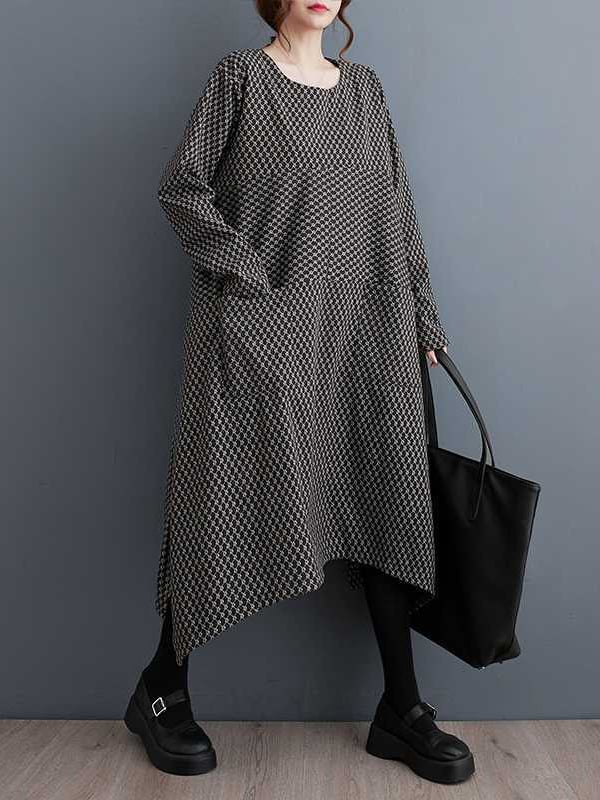 Long Sleeves Loose Pockets Printed Split-Joint Split-Side Round-Neck Midi Dresses