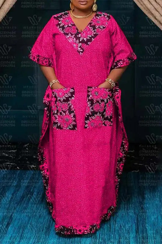 Vintage V-Neck Short Sleeve Printed Fashion Casual Pockets Loose Maxi Dress