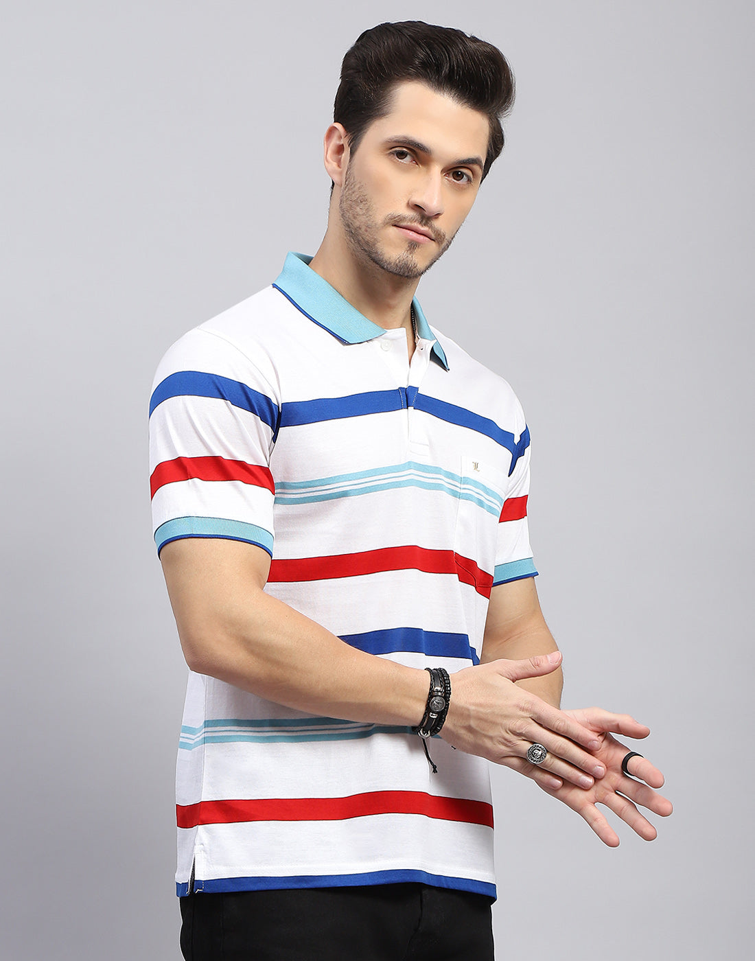 Men White Stripe Polo Collar Half Sleeve T-Shirt