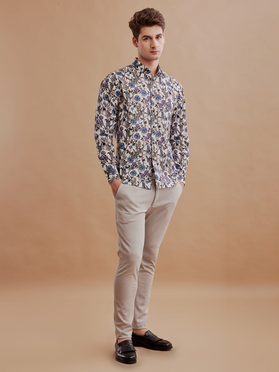 Mens Regular Fit Floral White Casual Cotton Shirt (PUNAN)