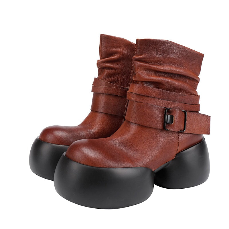 Handcrafted 75mm Platform Leather Slouch Boots for Women - Fall Collection in Black/Brown