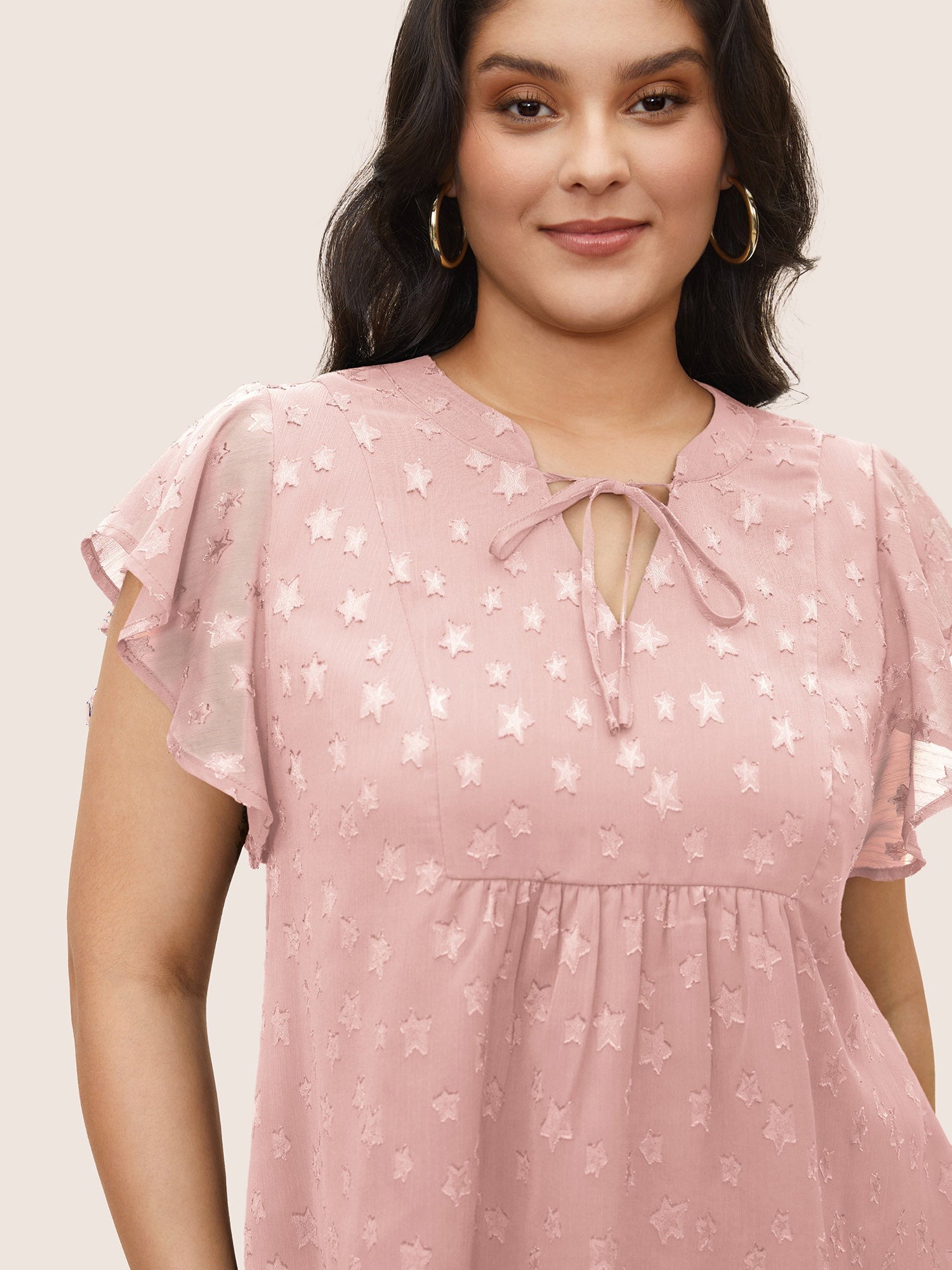 Star Mesh Gathered Ruffle Sleeve Blouse