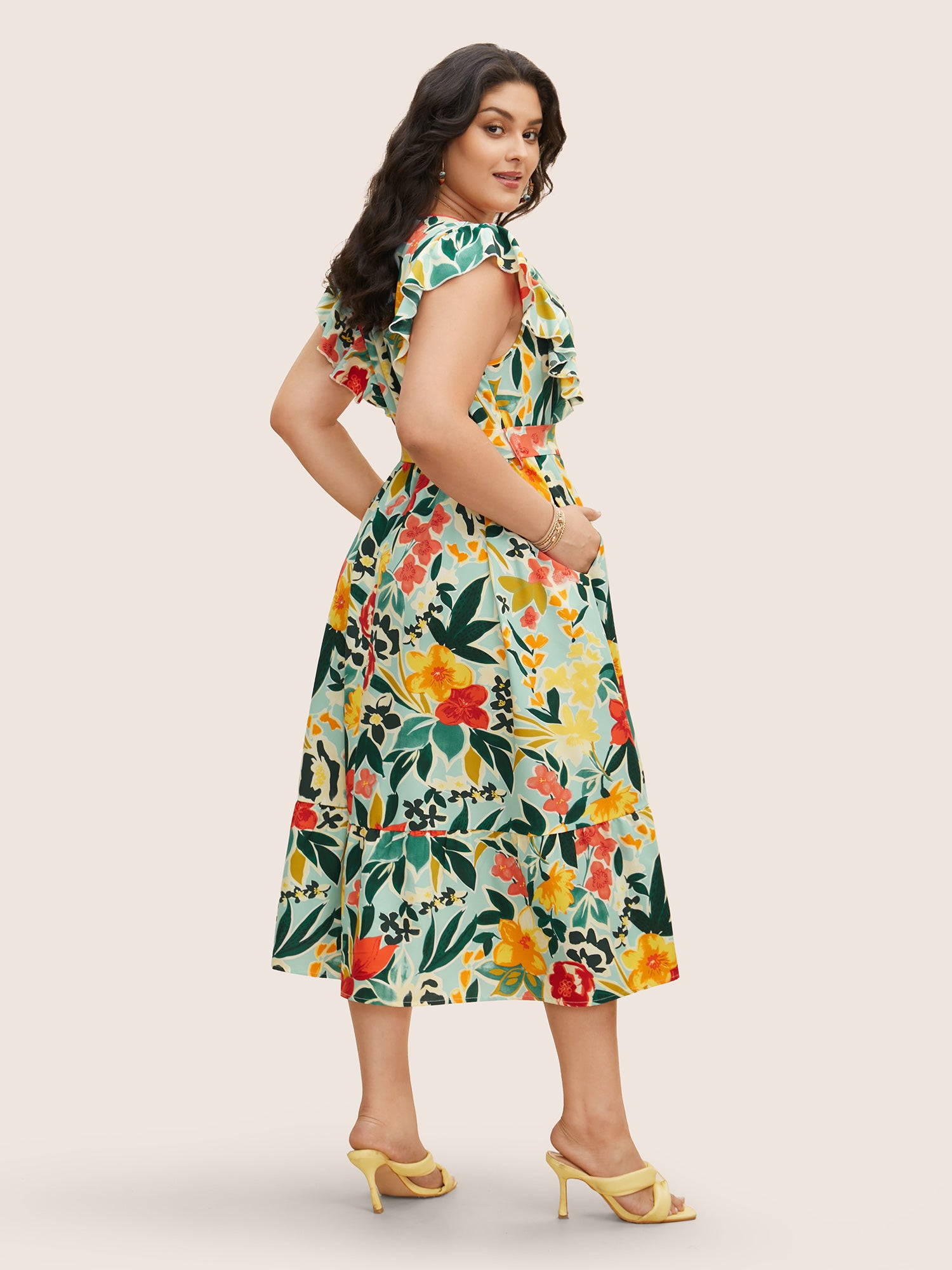 Floral Wrap Patchwork Ruffle Cap Sleeve Dress