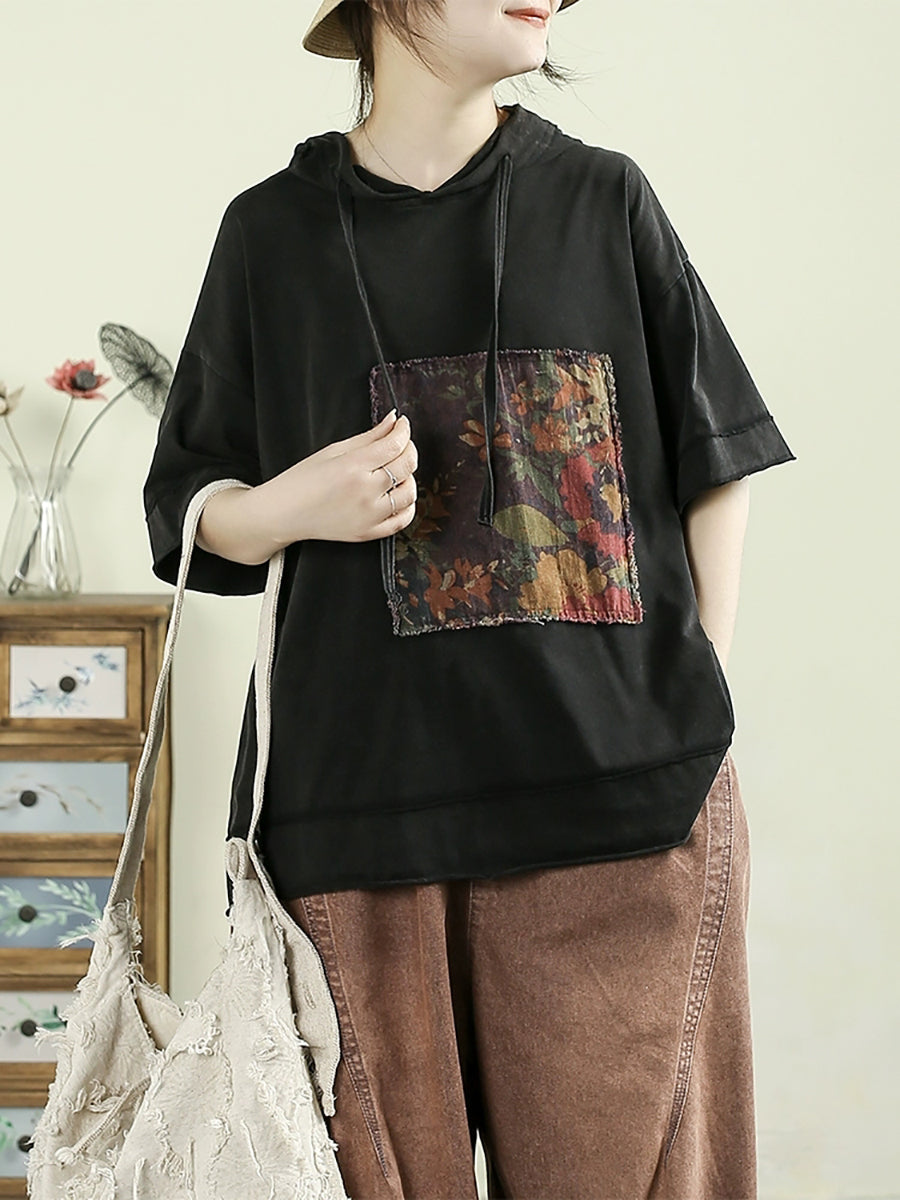 Women Summer Retro Flower Patch 100%Cotton Hooded Shirt