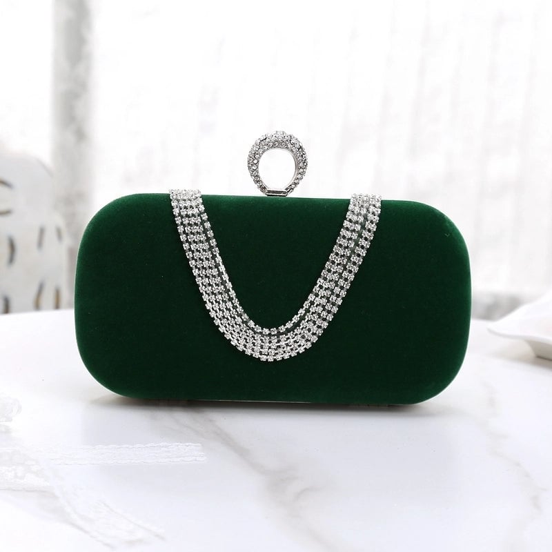 Red Khaki Dark Blue Velvet Solid Color Rhinestone Pillow Shape Clutch Evening Bag
