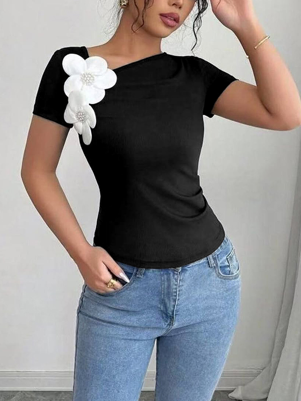 Short Sleeves Skinny Pleated Solid Color Three-Dimensional Flower Asymmetric Collar T-Shirts Tops
