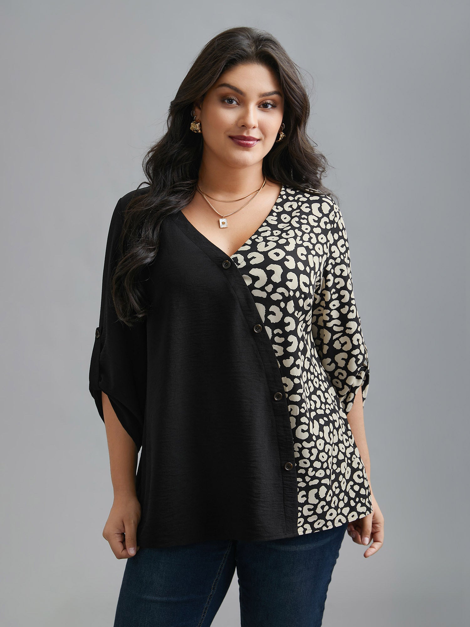 Leopard Print Spliced Tab Sleeve Blouse