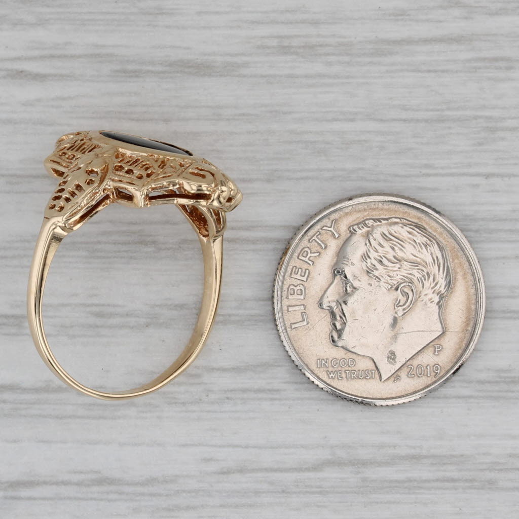 Onyx Navette Cabochon Filigree Ring 10k Yellow Gold Size 7.25