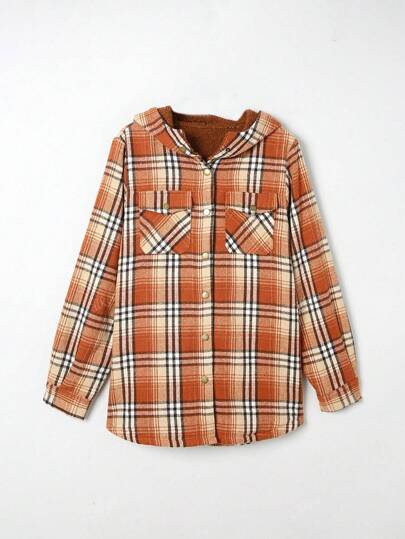 Plaid Print Teddy Lined Hooded Coat