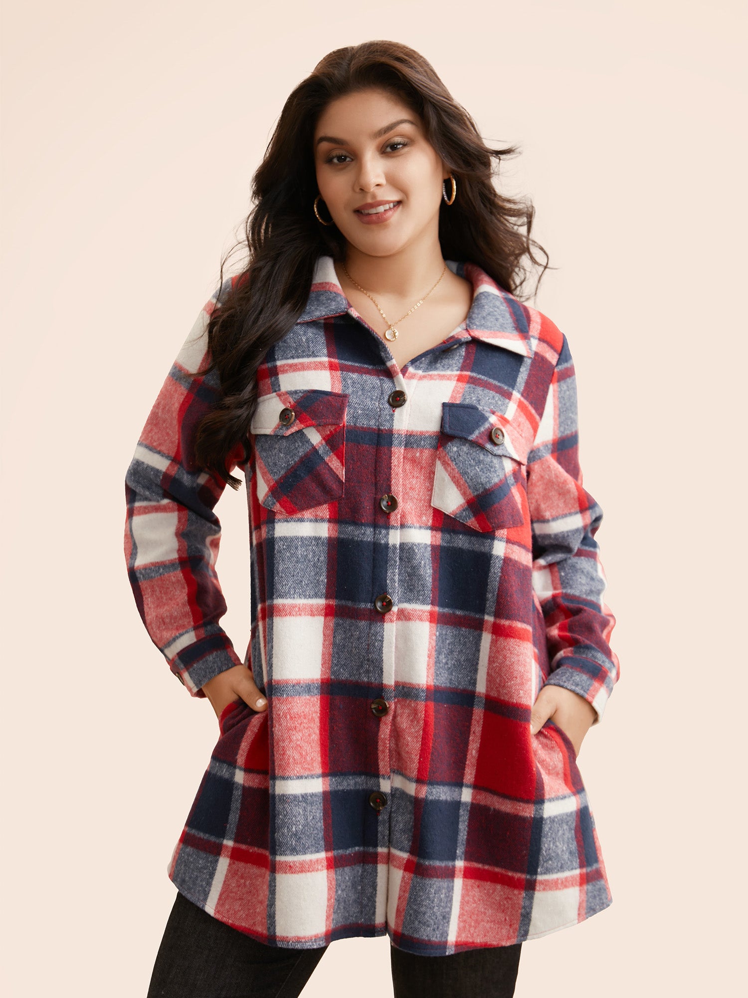 Plaid Chest Pockets Long Jacket