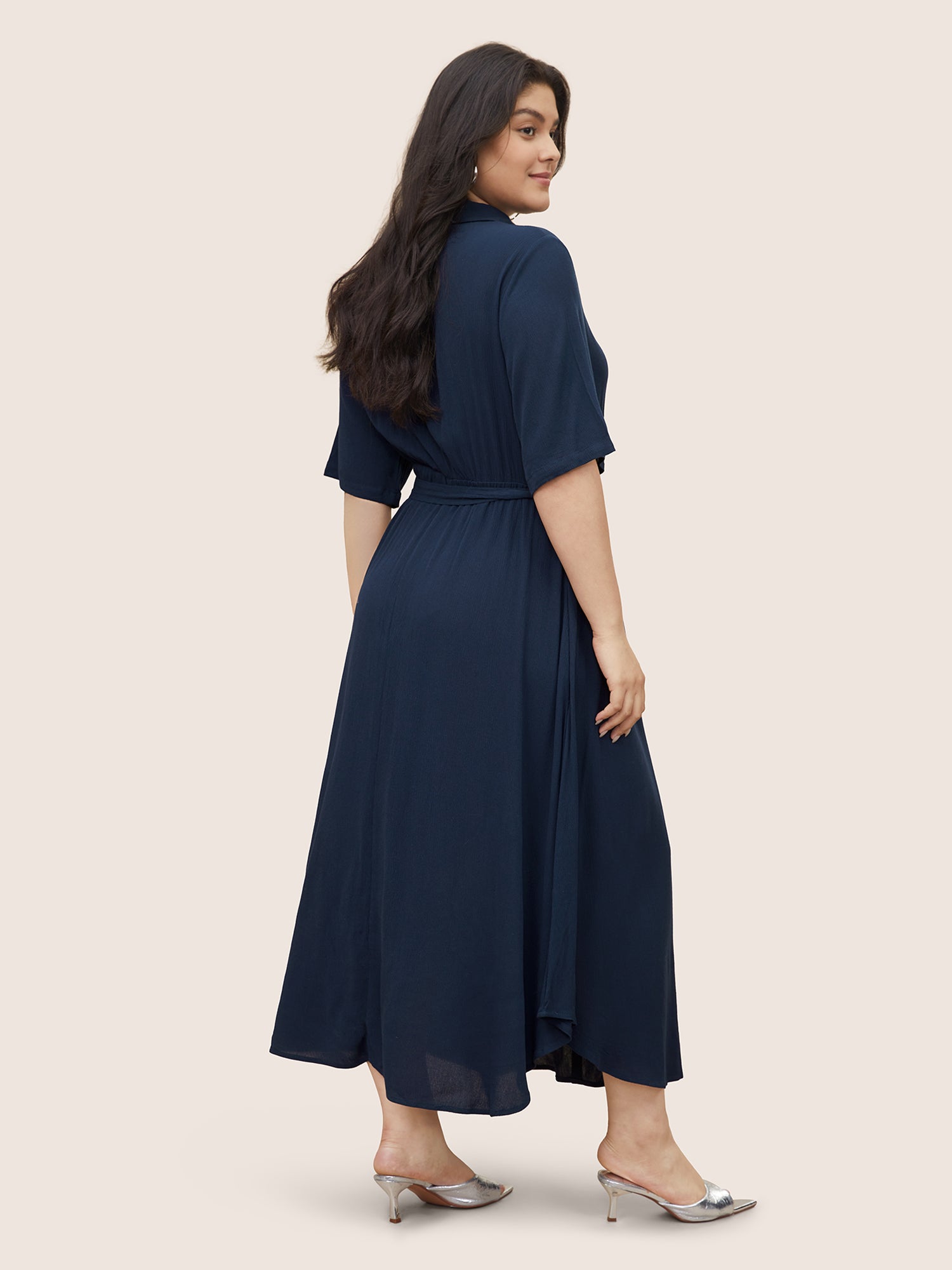 Solid Button Pocket Shirt Collar Belted Maxi Dress