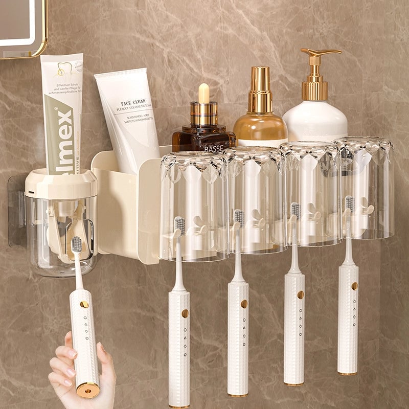 Toothbrush Storage Rack Toothpaste Tooth Cup Rack Mouthwash Cup Household Wall-mounted Brush Cup A Family Of Three Or Four Toothbrush Holes