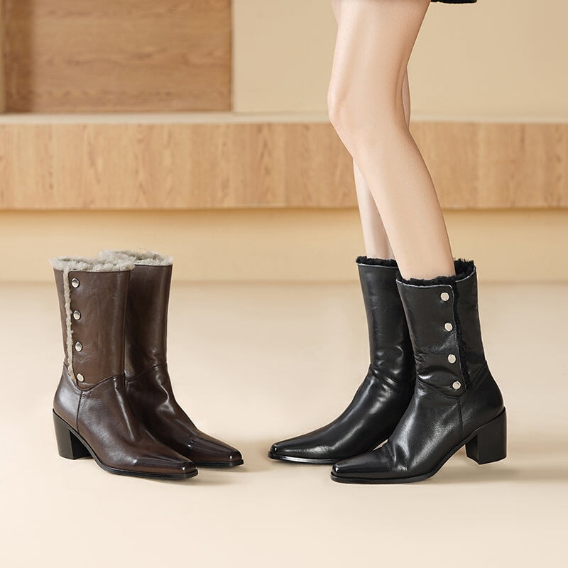 Horse Leather Shearling Lined Almond Toe Mid Calf Western Boots Cowboy Boots For Women In Black/Coffee