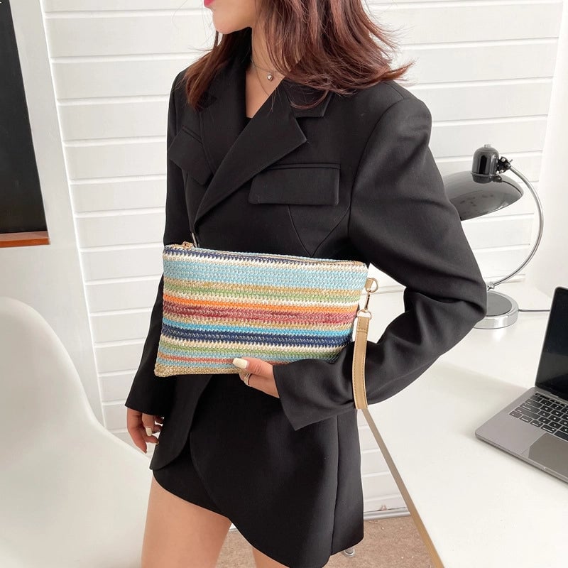 Straw Color Block Weave Square Evening Bags