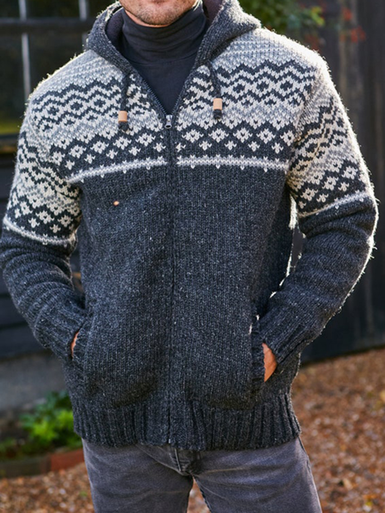 Mens Vintage Fair Isle Knitted Hooded Cardigan