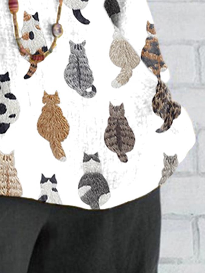 Women's Cute Cats Embroidery Print Round Neck Short Sleeve T-Shirt