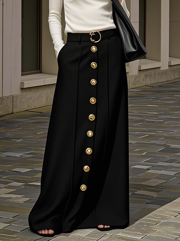 Loose Buttoned No Belt Pockets Solid Color Skirts Bottoms