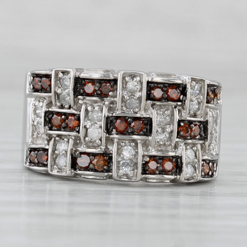 0.34ctw Brown Orange White Diamond Lattice Work Ring 14k White Gold Size 6