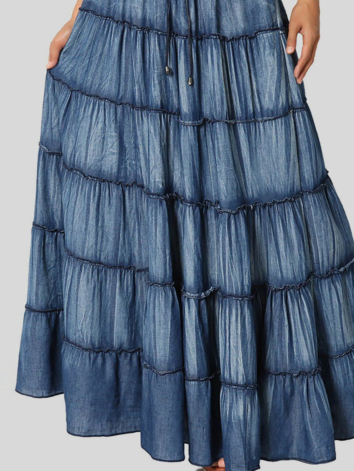 Daily Waistband Drawstring Quilted Tiered Denim Maxi Skirt