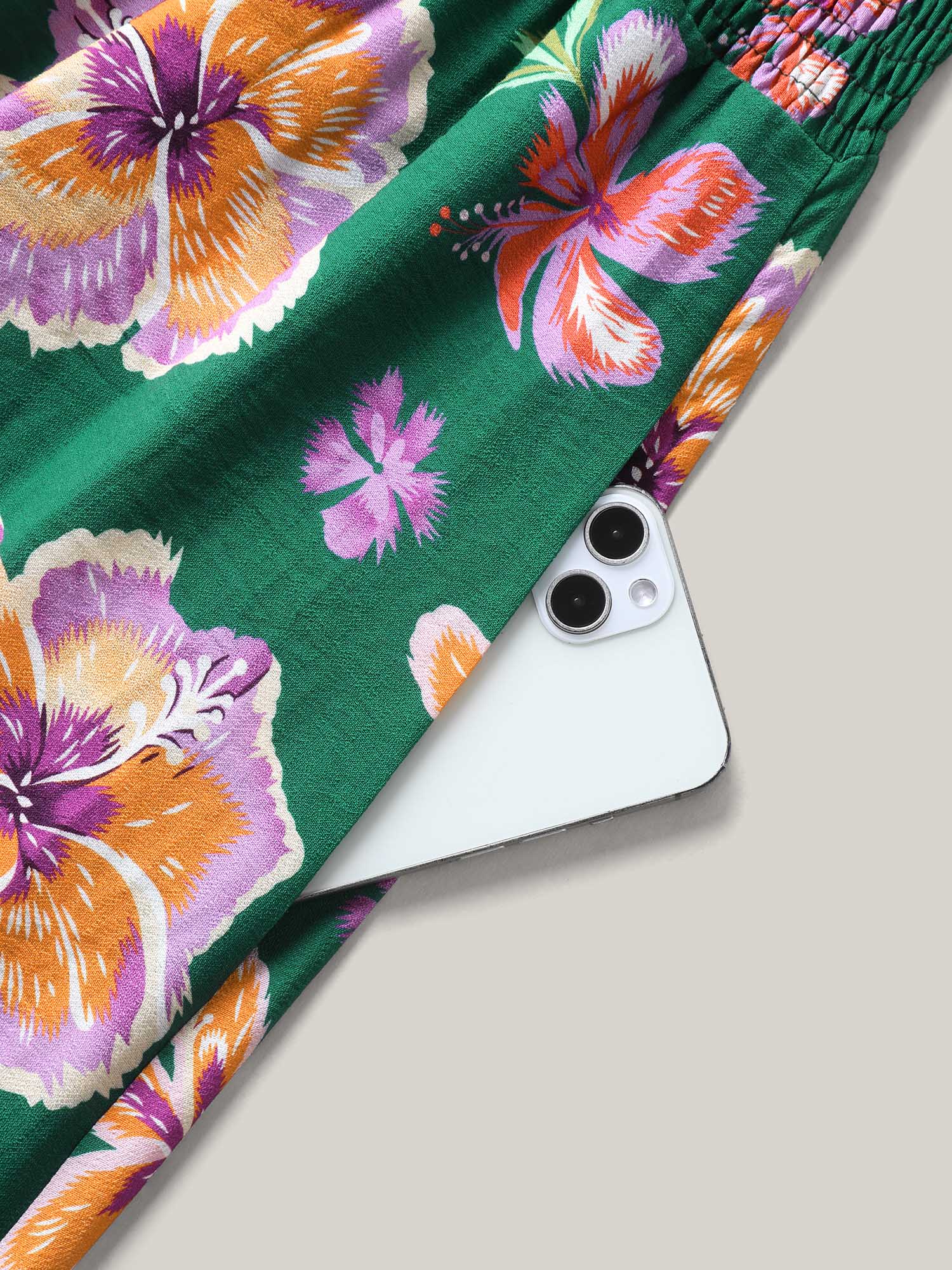 Large Floral Print Shirred Waist Midi Dress