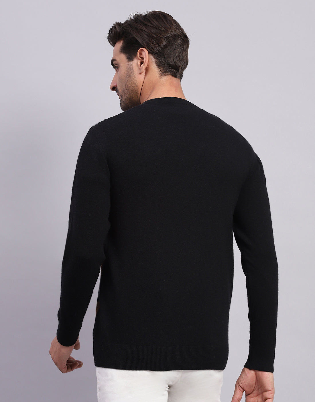 Men Black Self Design V Neck Full Sleeve Pullover