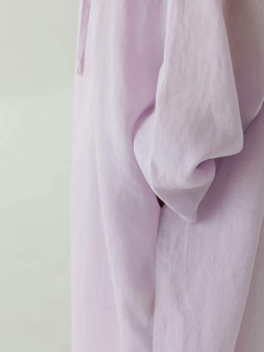 Women Summer Pure Color Hooded 100%Ramie Shirt Dress