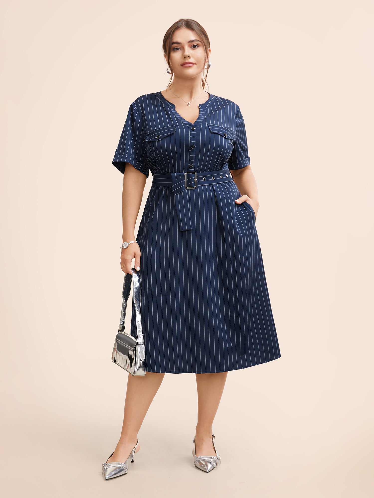 Striped Notched Button Detail Belted Dress