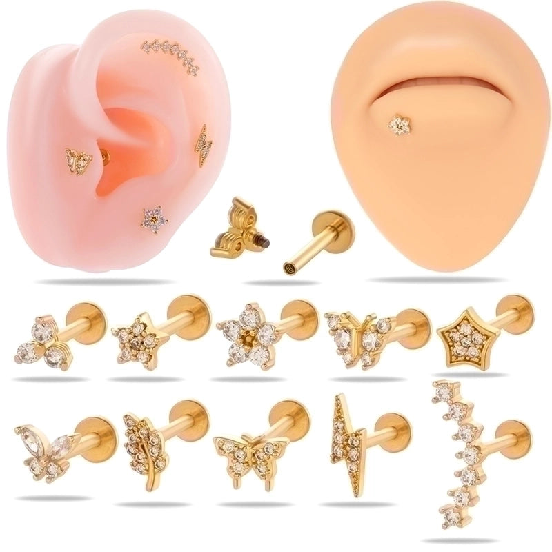 1 Piece Lip Rings Cool Style Pentagram Flower Butterfly 316L Stainless Steel  Copper Plating Inlay Zircon