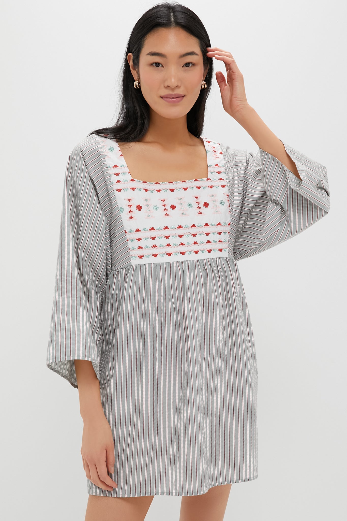 Sage Stripe Embroidered Sadona Dress