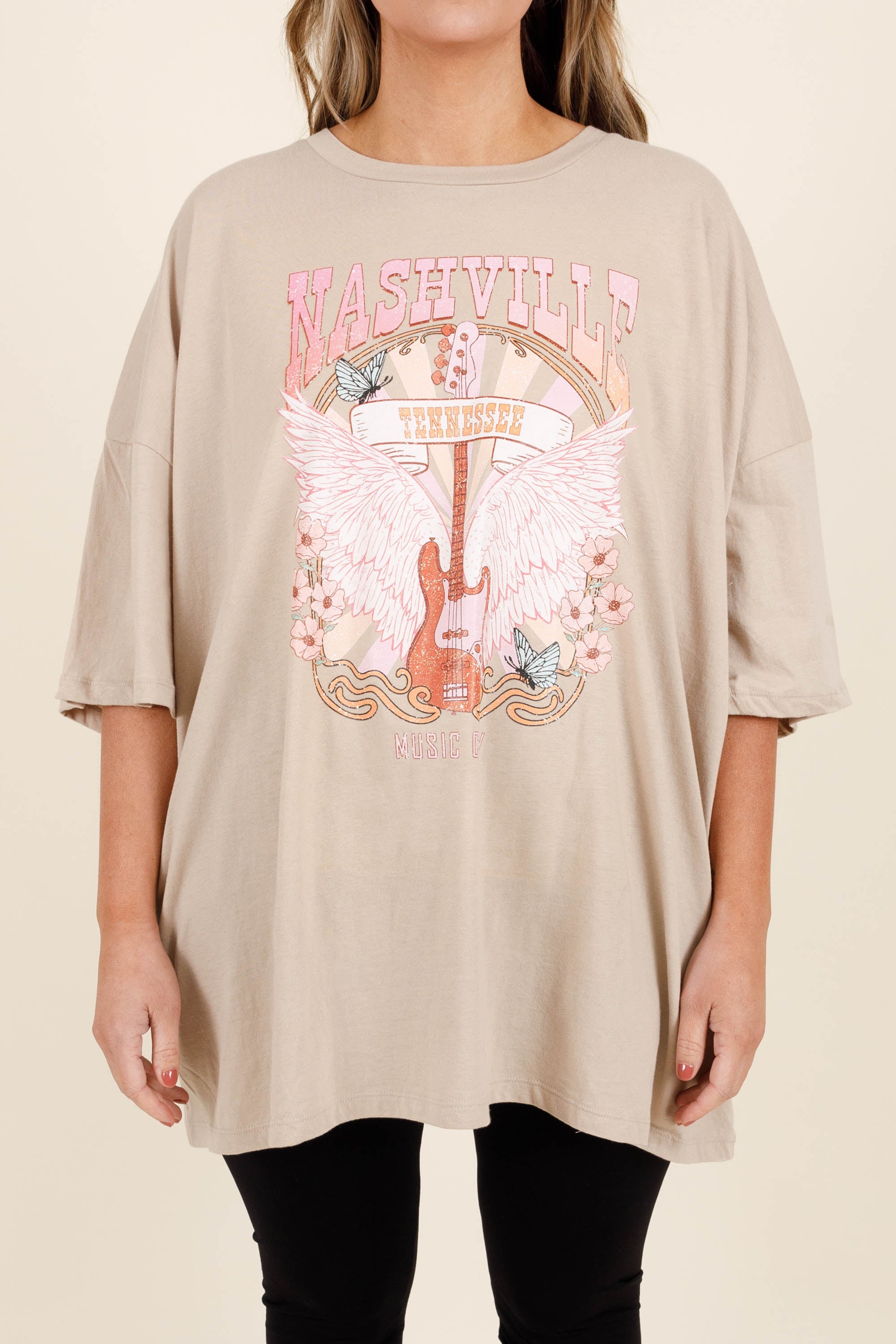 Night In Nashville Boyfriend Tee. Light Mocha