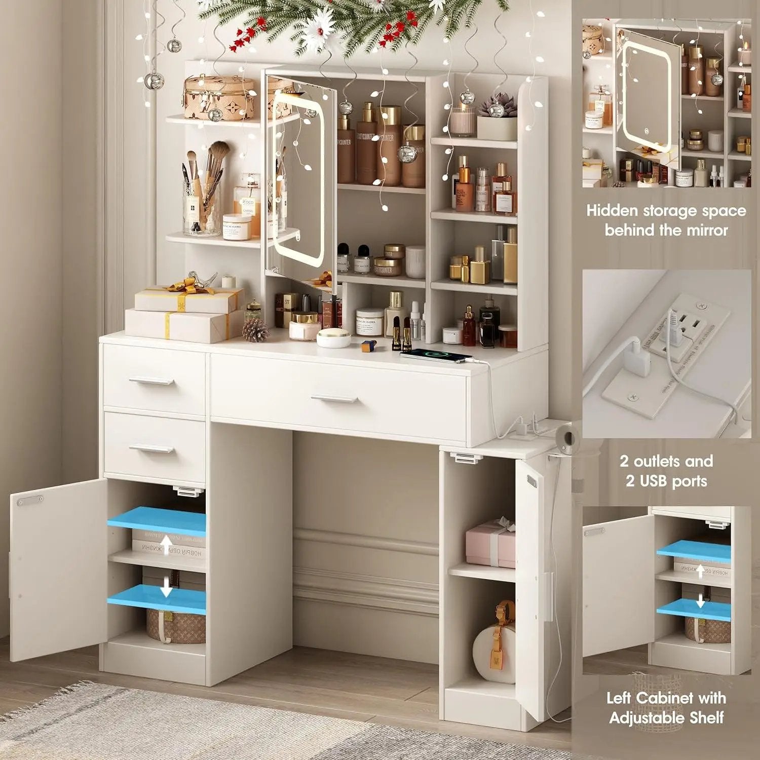 Makeup Vanity with Lights in 3 Colors and Power Outlet 43.6inch Big Vanity Table