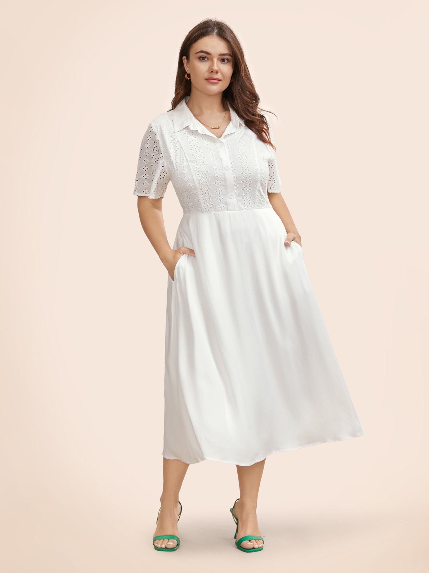 Shirt Collar Broderie Anglaise Midi Dress