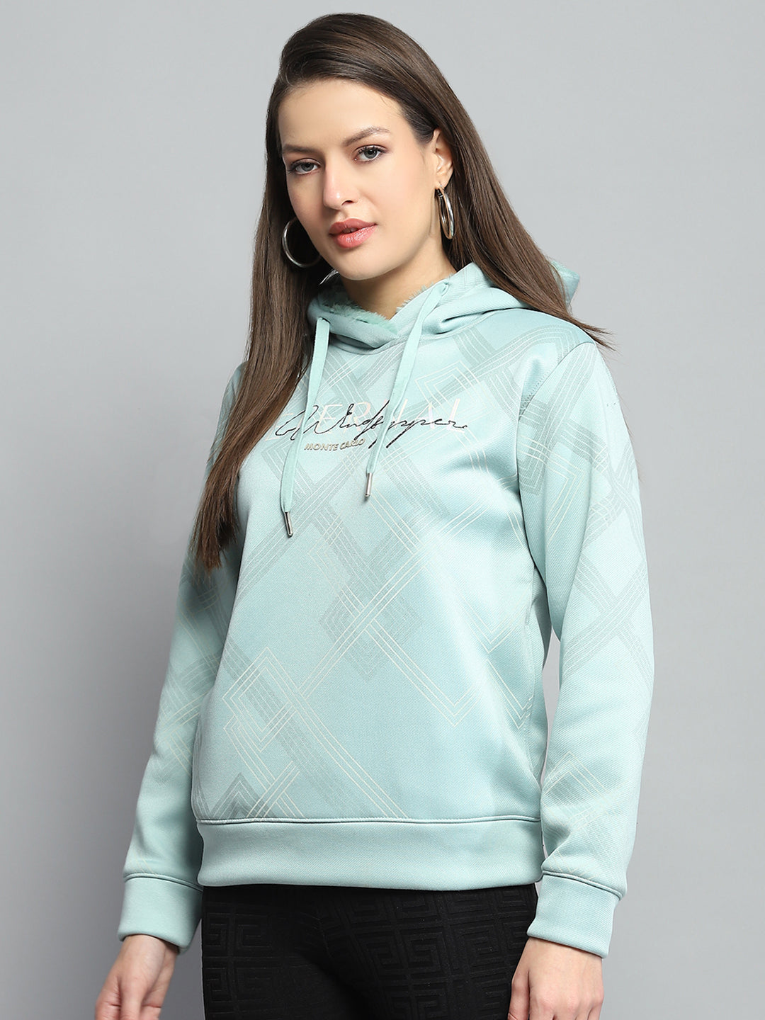 Women Green Printed Hooded Full Sleeve Sweatshirt