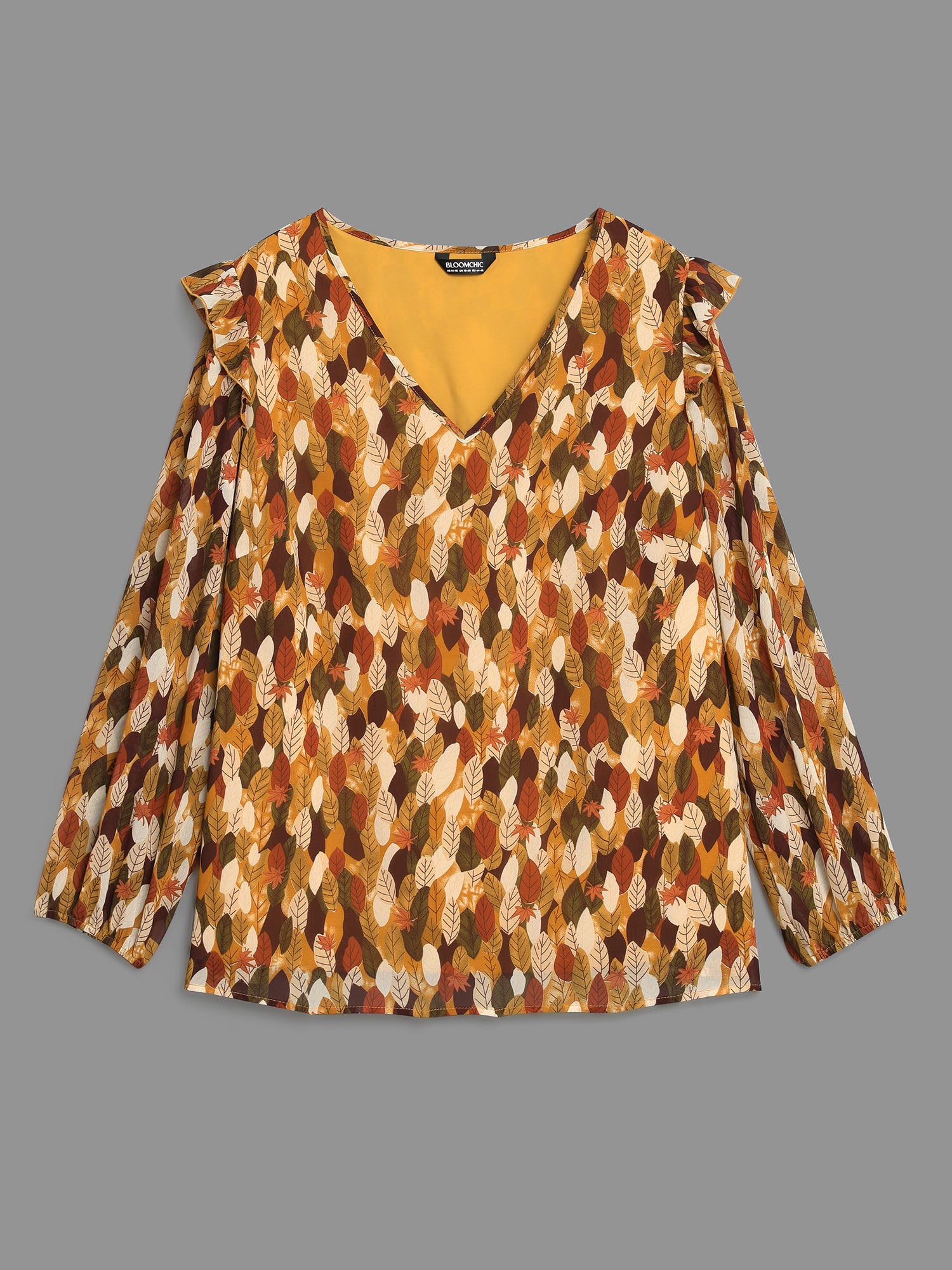 Leaves Print Ruffle Trim Slit Hem Blouse