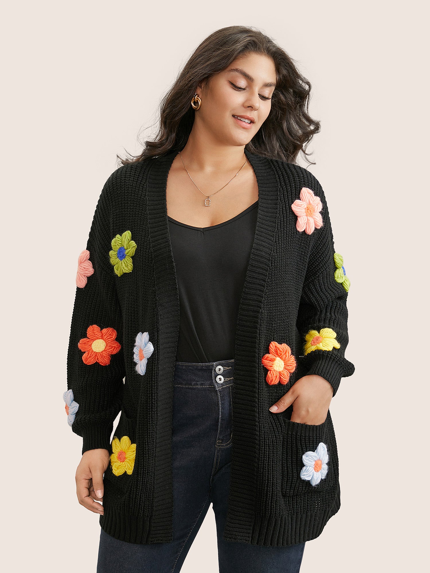 Rainbow Floral Pocket Open Front Cardigan