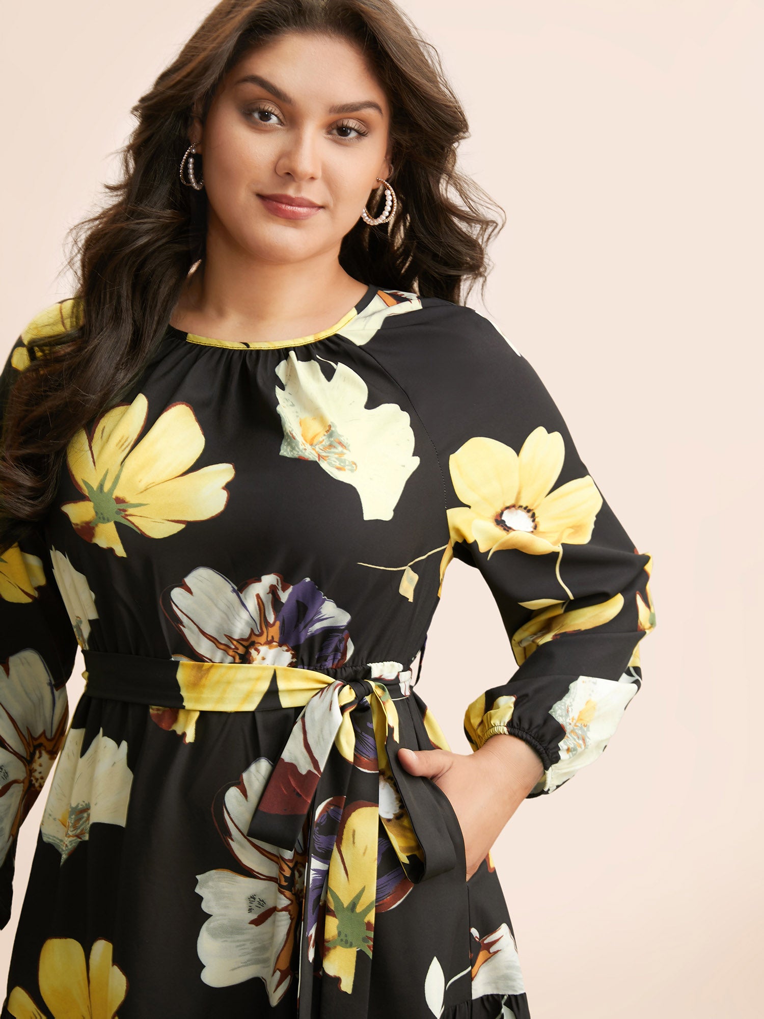 Floral Round Neck Gathered Belted Dress