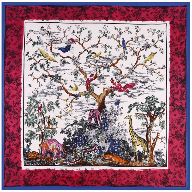 New Style Silk Scarf Forest Animal Print 130cm Twill Silk Large Square Scarf For Ladies