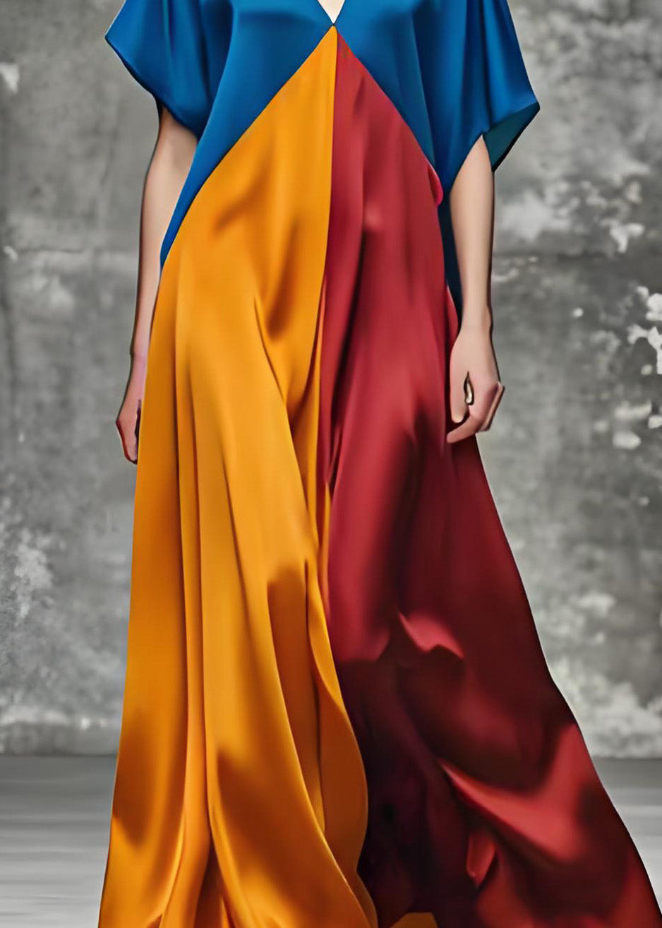 Colorblock V Neck Loose Silk Long Dress Summer