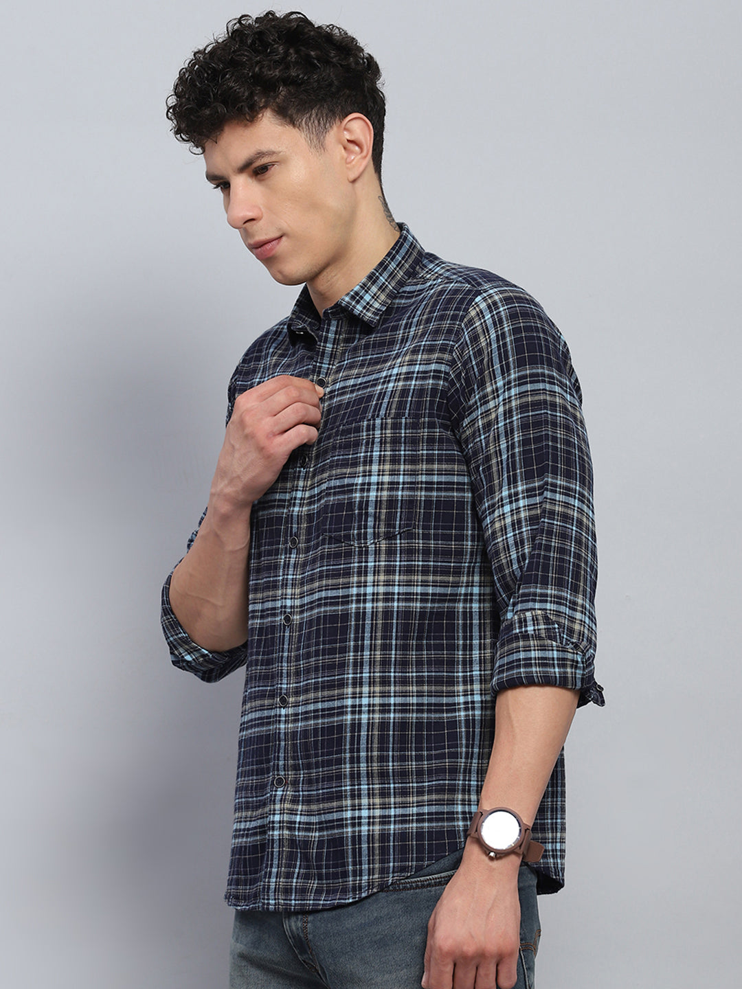 Men Navy Blue Check Collar Full Sleeve Shirt