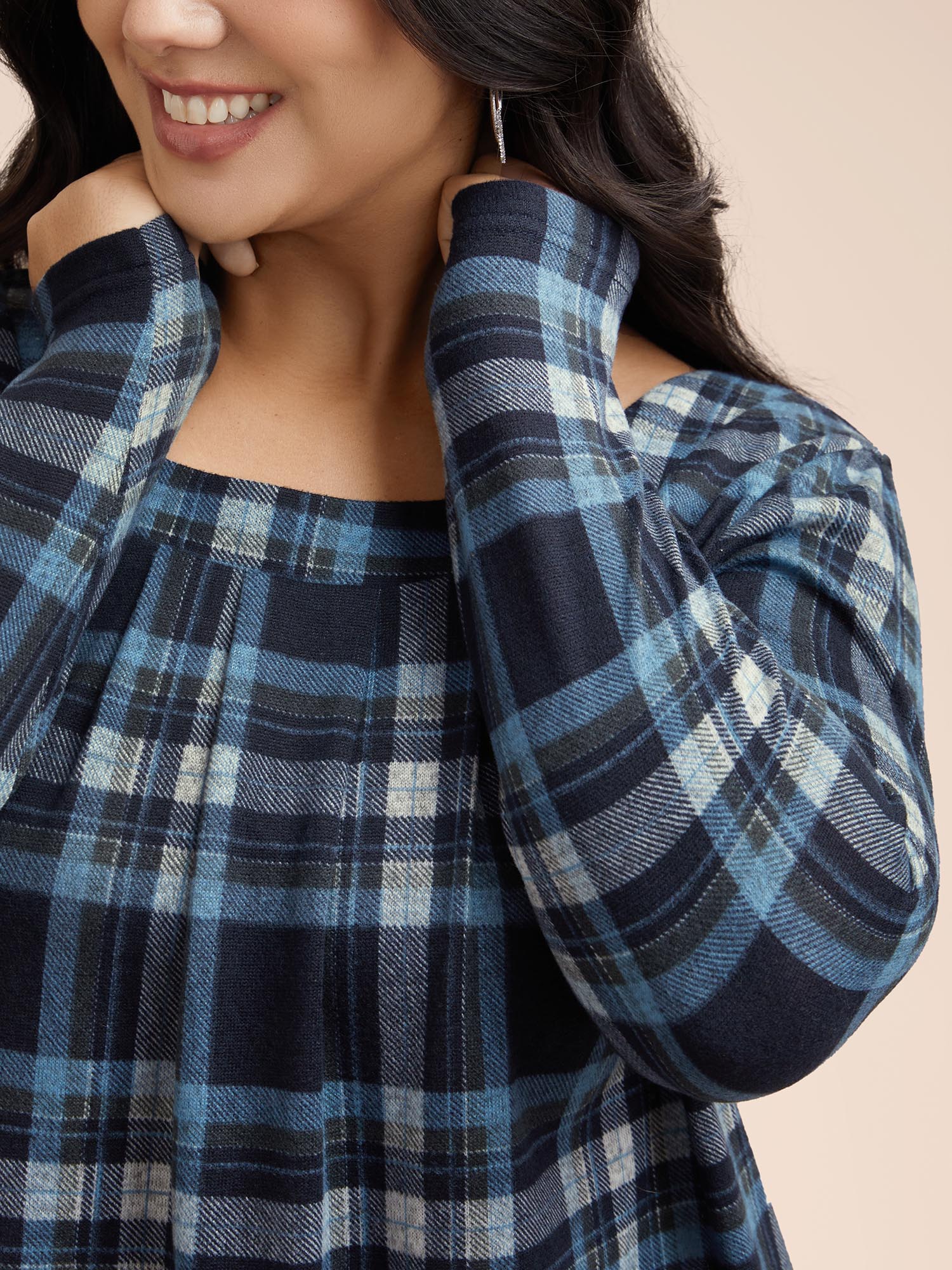Plaid Pleated Square Neckline Knit Top
