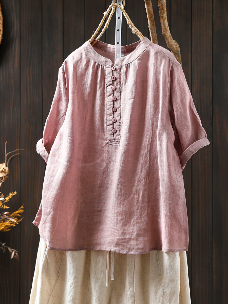 Women Summer Pure Color Stand Collar 100%Ramie Shirt