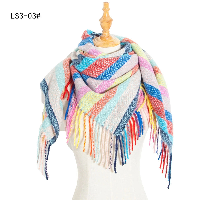 Scarf Women Tonglu Autumn And Winter New Polyester Spiny Hair Long Tassel Plaid Square Scarf Factory Direct Supply Shawl