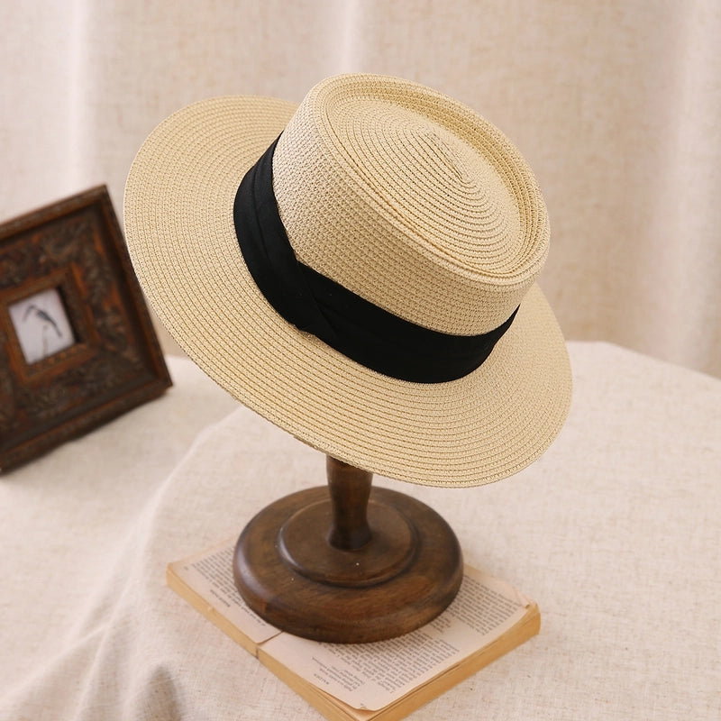 Big Head Straw Hat Women's Flat Top Hat Flat Brim Sunshade Hat Fashionable Women's Straw Sun Hat Showing Small Face