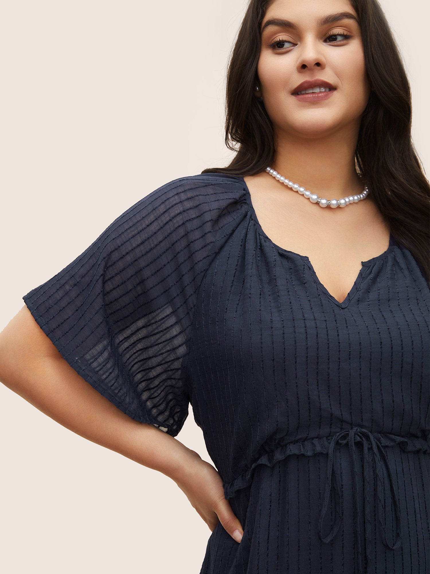 Solid Striped Notched Ties Up Pocket Flutter Maxi Dress