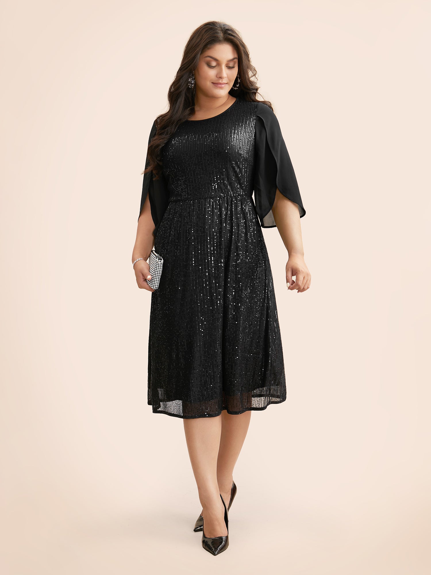 Sequin Mesh Patchwork Petal Sleeve Dress