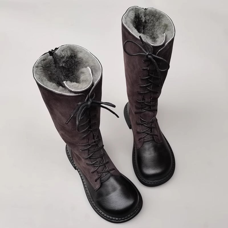 Handmade Lace up Leather Knee High Boots Big Toe Splicing Design Riding Boots Black/Brown