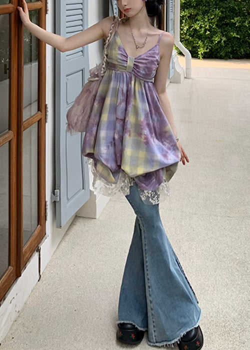 Purple High Waist Cotton Spaghetti Strap Dress V Neck Summer